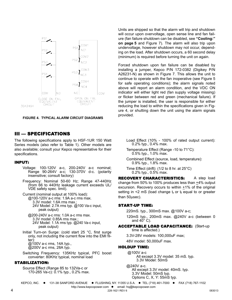 Figure 4. typical alarm circuit diagrams, Iii — specifications, Input | Stabilization, Recovery characteristics, Start-up time, Acceptable load capacitance, Holdup time | KEPCO HSF-1UR 150W Series Operator Manual User Manual | Page 4 / 7