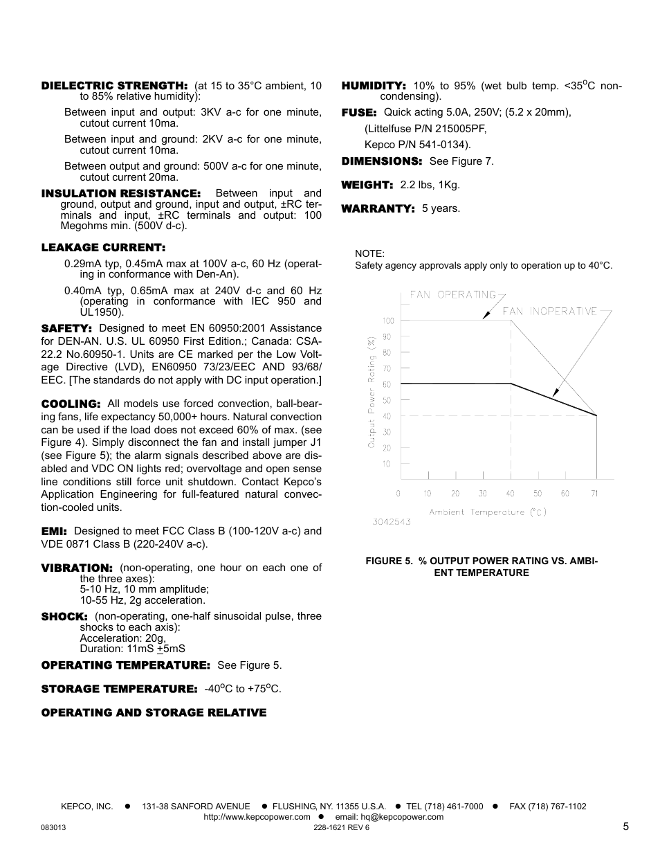 Dielectric strength, Insulation resistance, Leakage current | Safety, Cooling, Vibration, Shock, Operating temperature, Storage temperature, Operating and storage relative humidity | KEPCO HSF-1UR 150W Series Operator Manual User Manual | Page 5 / 7