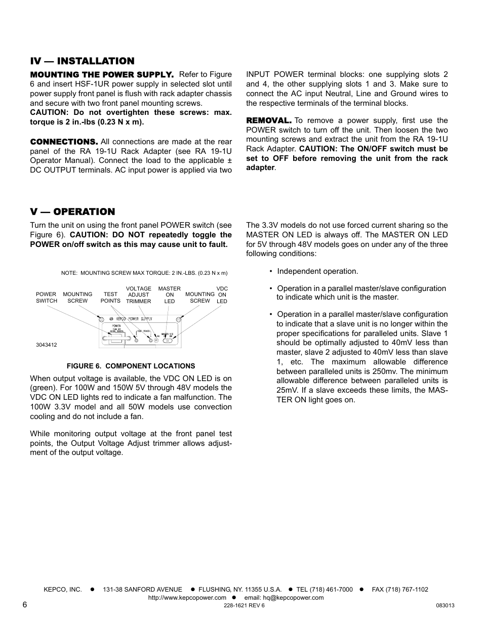 Iv — installation, Mounting the power supply, Connections | Removal, V — operation, Figure 6. component locations | KEPCO HSF-1UR 150W Series Operator Manual User Manual | Page 6 / 7