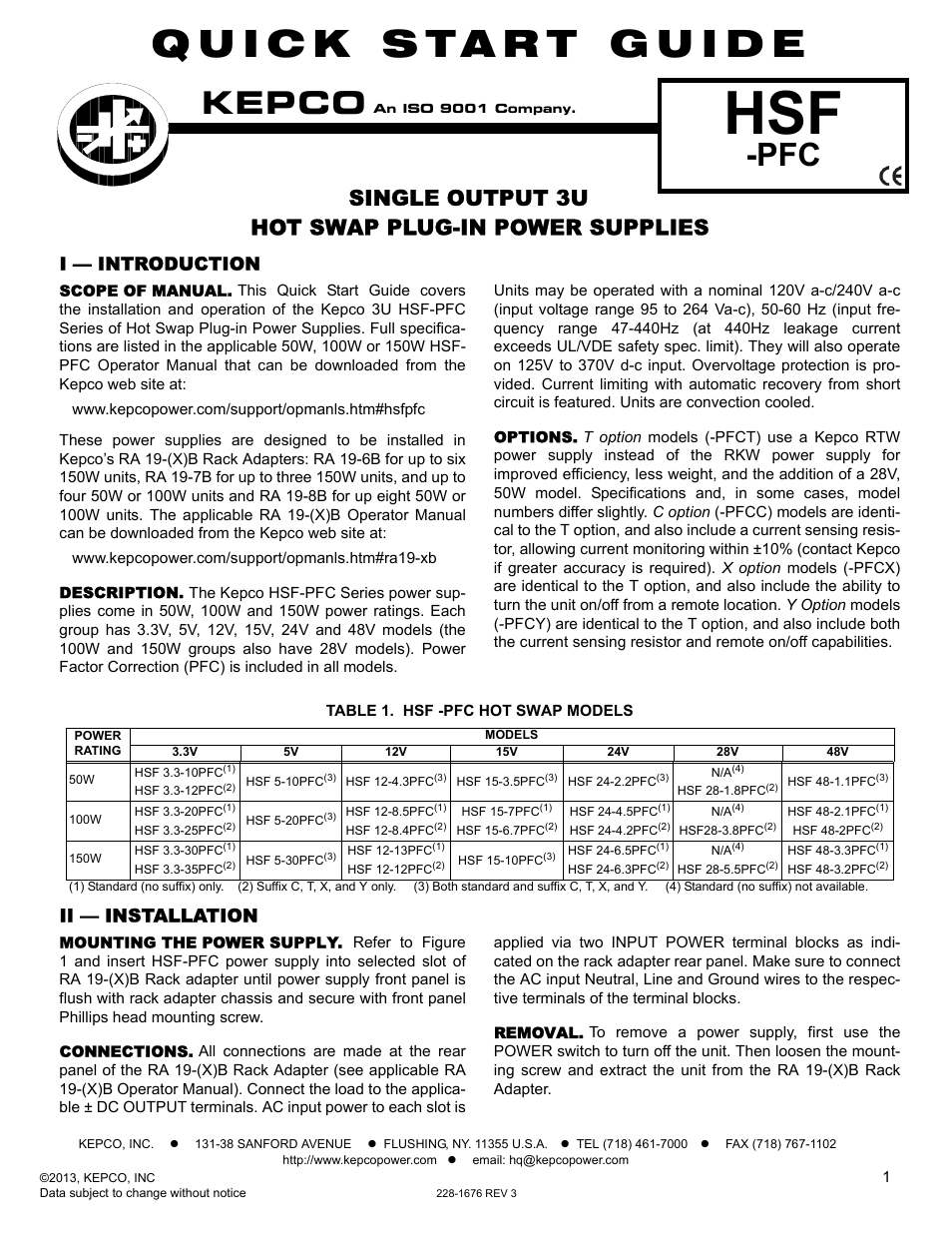 KEPCO HSF-PFC 150W Series Quick Start Guide User Manual | 2 pages