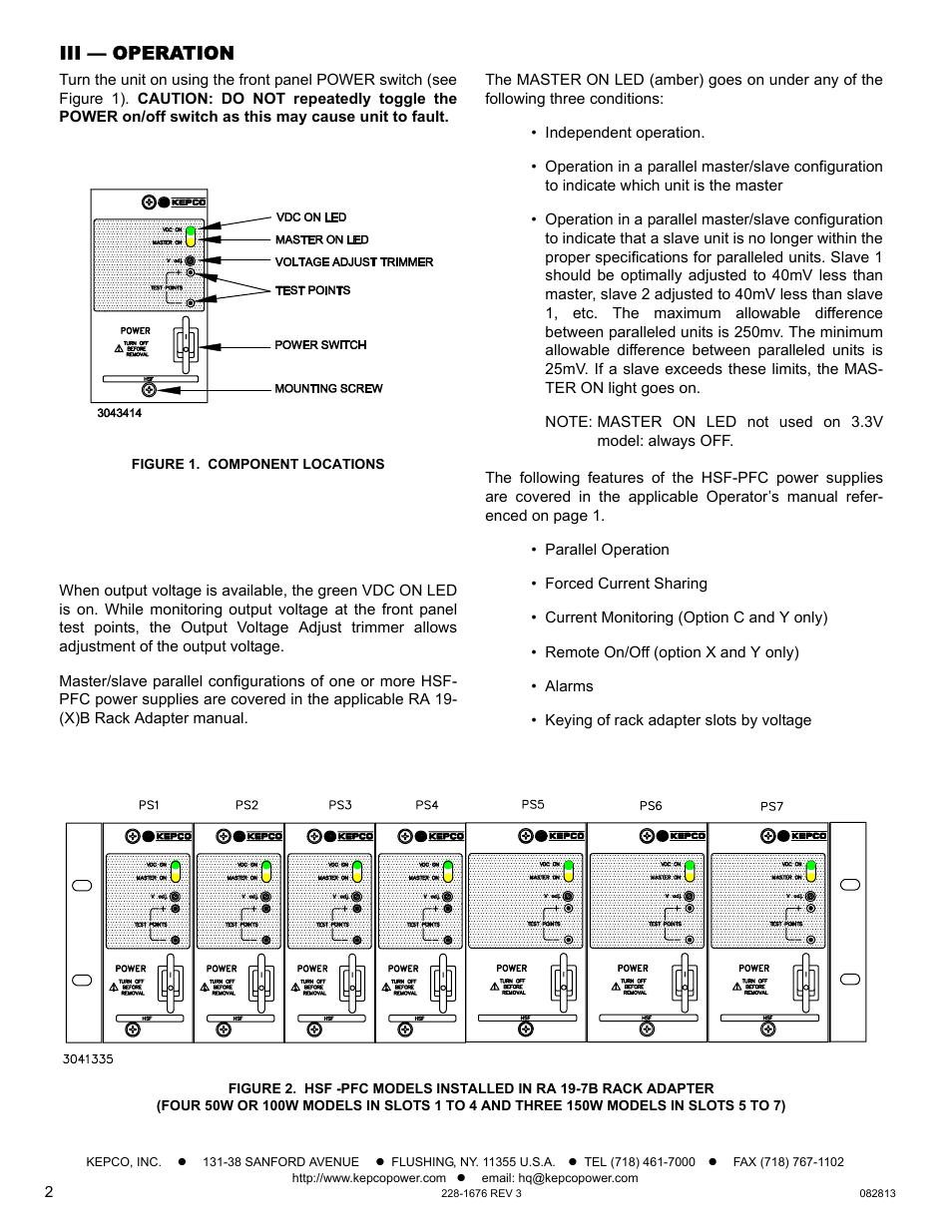 Iii — operation | KEPCO HSF-PFC 150W Series Quick Start Guide User Manual | Page 2 / 2