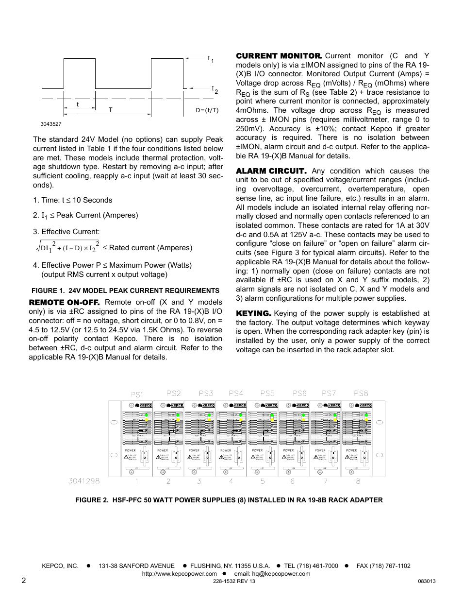 Figure 1. 24v model peak current requirements, Remote on-off, Current monitor | Alarm circuit, Keying | KEPCO HSF-PFC 50W Series Operator Manual User Manual | Page 2 / 9