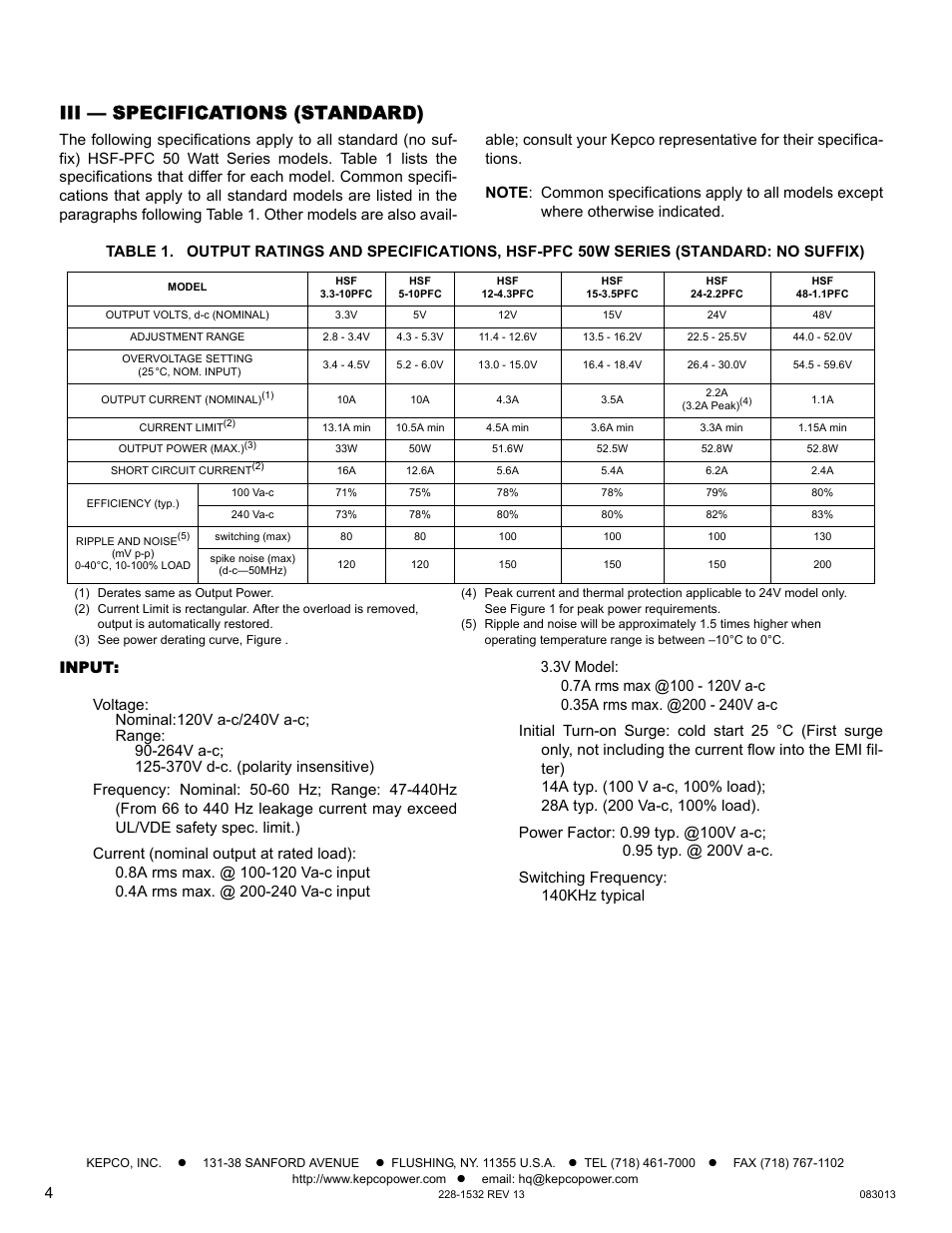Iii — specifications (standard), Input, E 1) | 1 or | KEPCO HSF-PFC 50W Series Operator Manual User Manual | Page 4 / 9