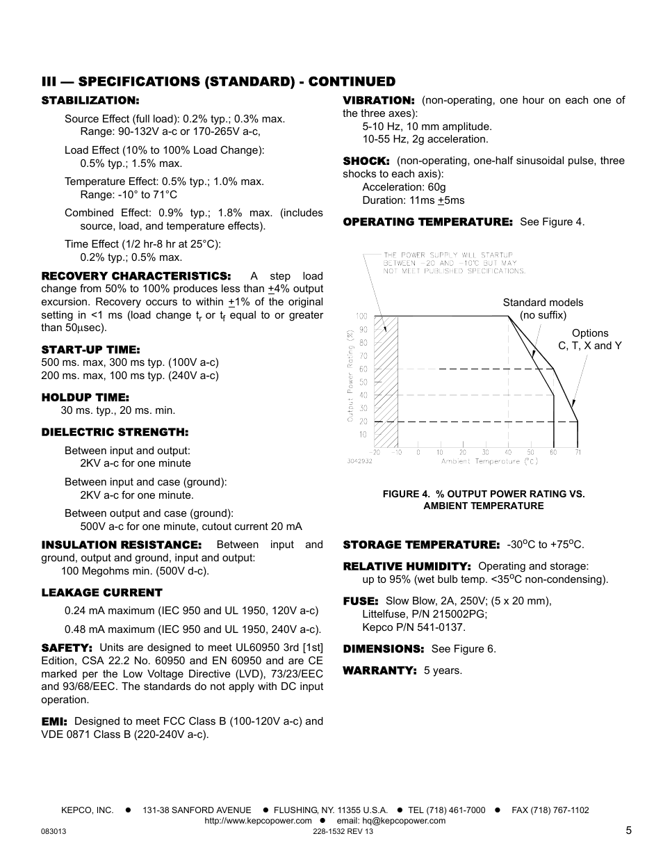 Stabilization, Recovery characteristics, Start-up time | Holdup time, Dielectric strength, Insulation resistance, Leakage current, Safety, Vibration, Shock | KEPCO HSF-PFC 50W Series Operator Manual User Manual | Page 5 / 9