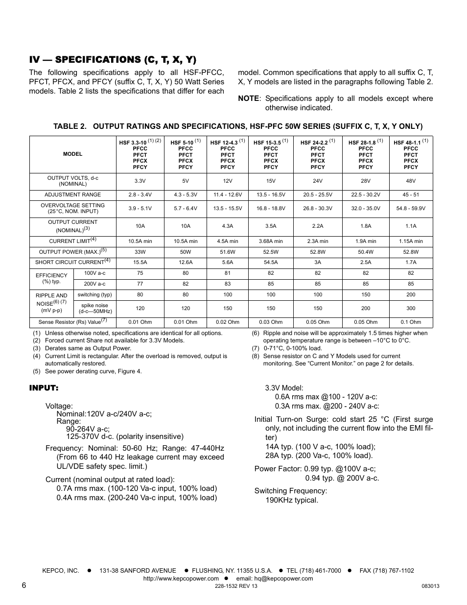 Iv — specifications (c, t, x, y), Input, E 2) | KEPCO HSF-PFC 50W Series Operator Manual User Manual | Page 6 / 9