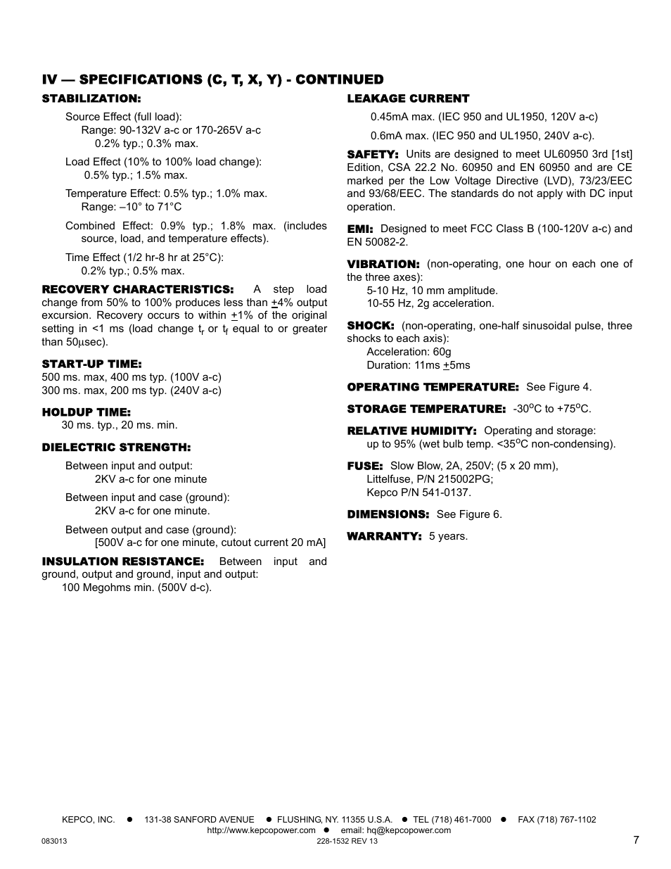 Stabilization, Recovery characteristics, Start-up time | Holdup time, Dielectric strength, Insulation resistance, Leakage current, Safety, Vibration, Shock | KEPCO HSF-PFC 50W Series Operator Manual User Manual | Page 7 / 9