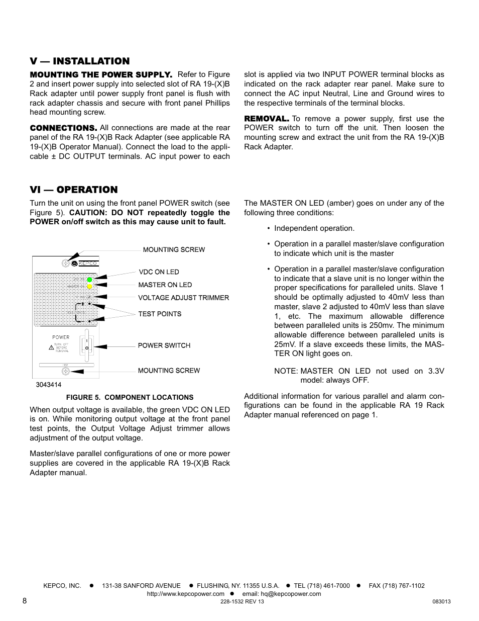 V — installation, Mounting the power supply, Connections | Removal, Vi — operation, Figure 5. component locations | KEPCO HSF-PFC 50W Series Operator Manual User Manual | Page 8 / 9