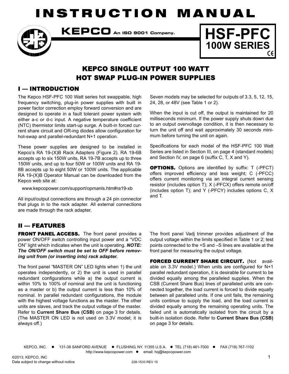 KEPCO HSF-PFC 100W Series Operator Manual User Manual | 9 pages