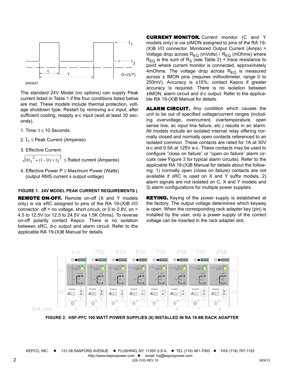 Figure 1. 24v model peak current requirements, Remote on-off, Current monitor | Alarm circuit, Keying | KEPCO HSF-PFC 100W Series Operator Manual User Manual | Page 2 / 9