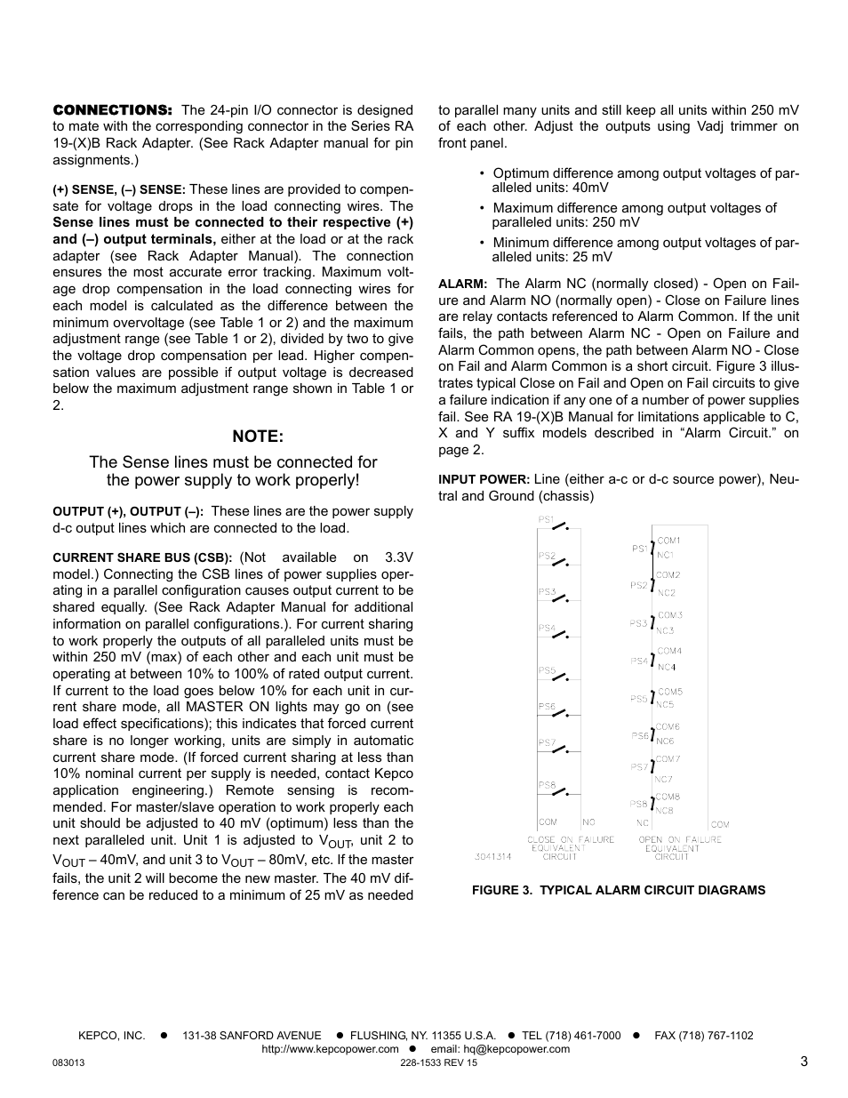 Connections, Figure 3. typical alarm circuit diagrams | KEPCO HSF-PFC 100W Series Operator Manual User Manual | Page 3 / 9