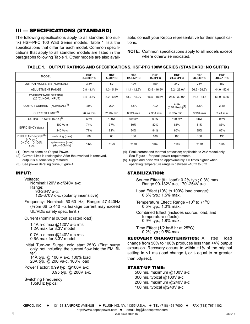 Iii — specifications (standard), Input, Stabilization | Recovery characteristics, Start-up time, E 1 or | KEPCO HSF-PFC 100W Series Operator Manual User Manual | Page 4 / 9