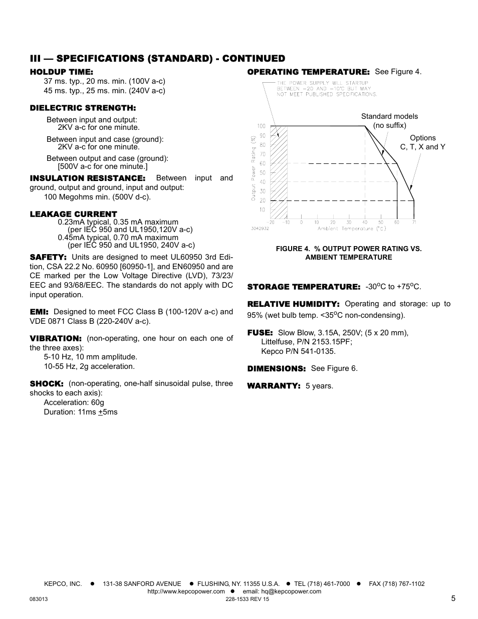 Holdup time, Dielectric strength, Insulation resistance | Leakage current, Safety, Vibration, Shock, Operating temperature, Storage temperature, Relative humidity | KEPCO HSF-PFC 100W Series Operator Manual User Manual | Page 5 / 9