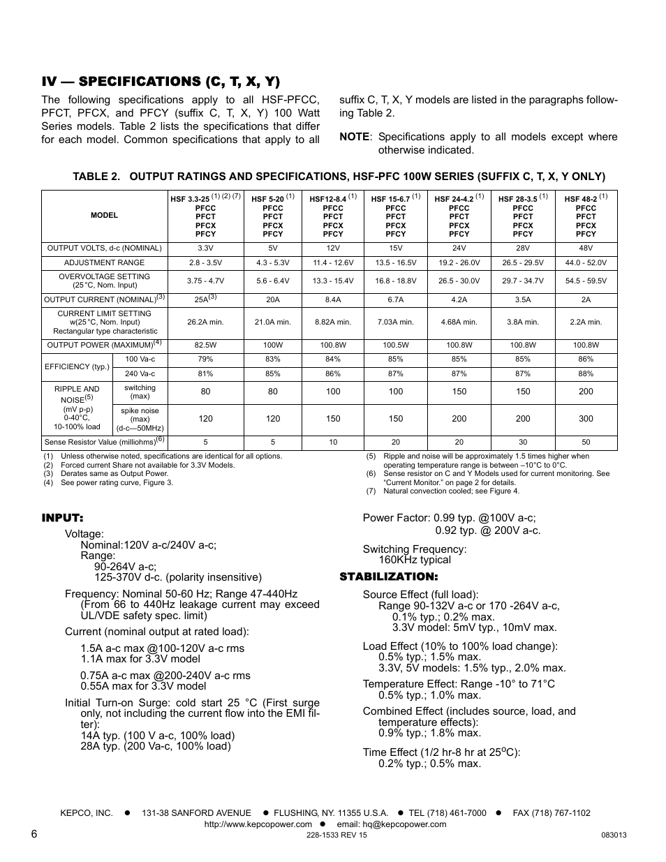Iv — specifications (c, t, x, y), Input, Stabilization | KEPCO HSF-PFC 100W Series Operator Manual User Manual | Page 6 / 9