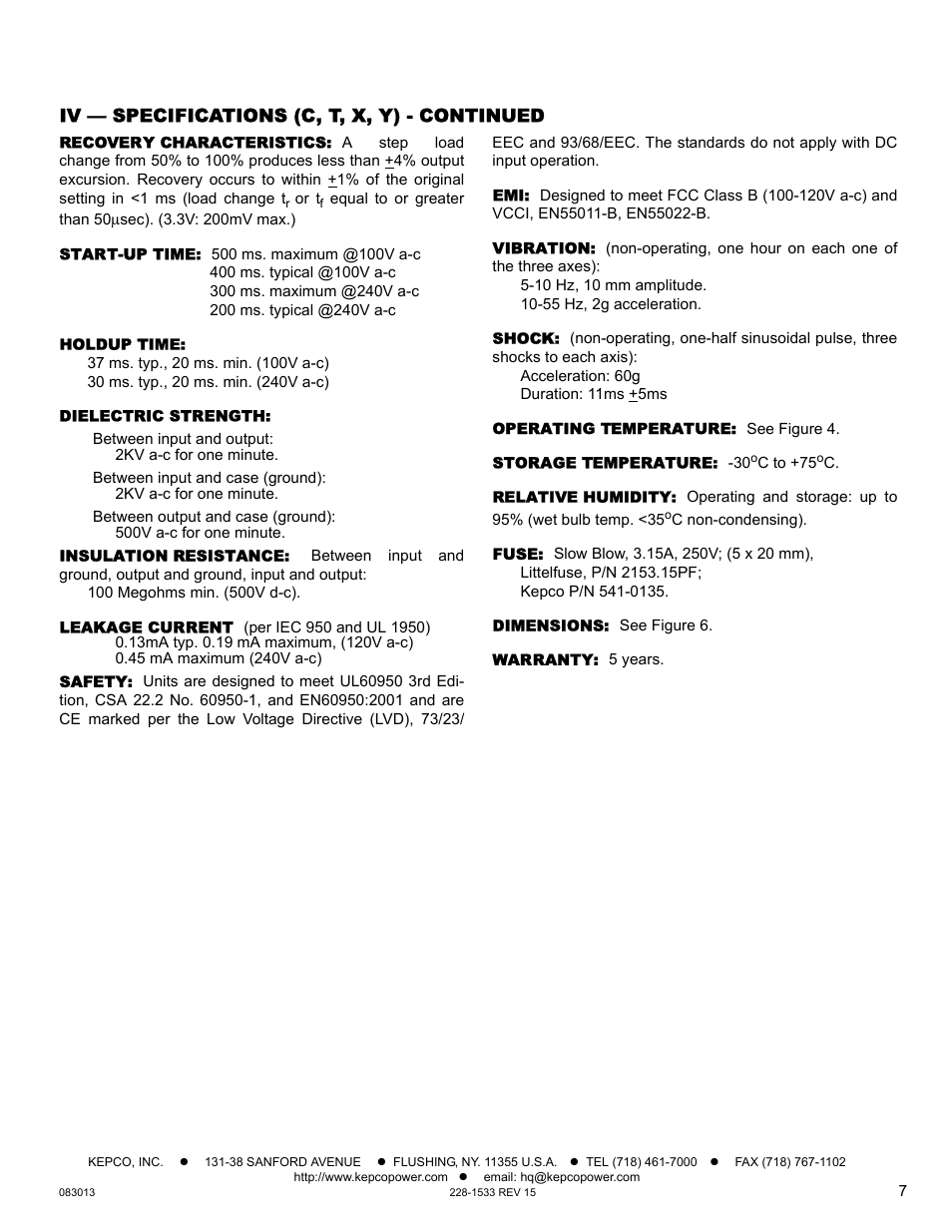Recovery characteristics, Start-up time, Holdup time | Dielectric strength, Insulation resistance, Leakage current, Safety, Vibration, Shock, Operating temperature | KEPCO HSF-PFC 100W Series Operator Manual User Manual | Page 7 / 9
