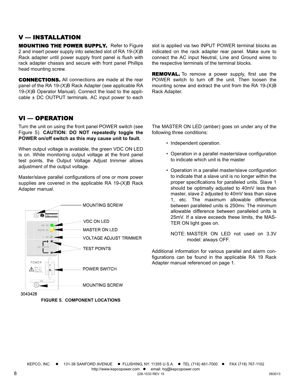 V — installation, Mounting the power supply, Connections | Removal, Vi — operation, Figure 5. component locations | KEPCO HSF-PFC 100W Series Operator Manual User Manual | Page 8 / 9