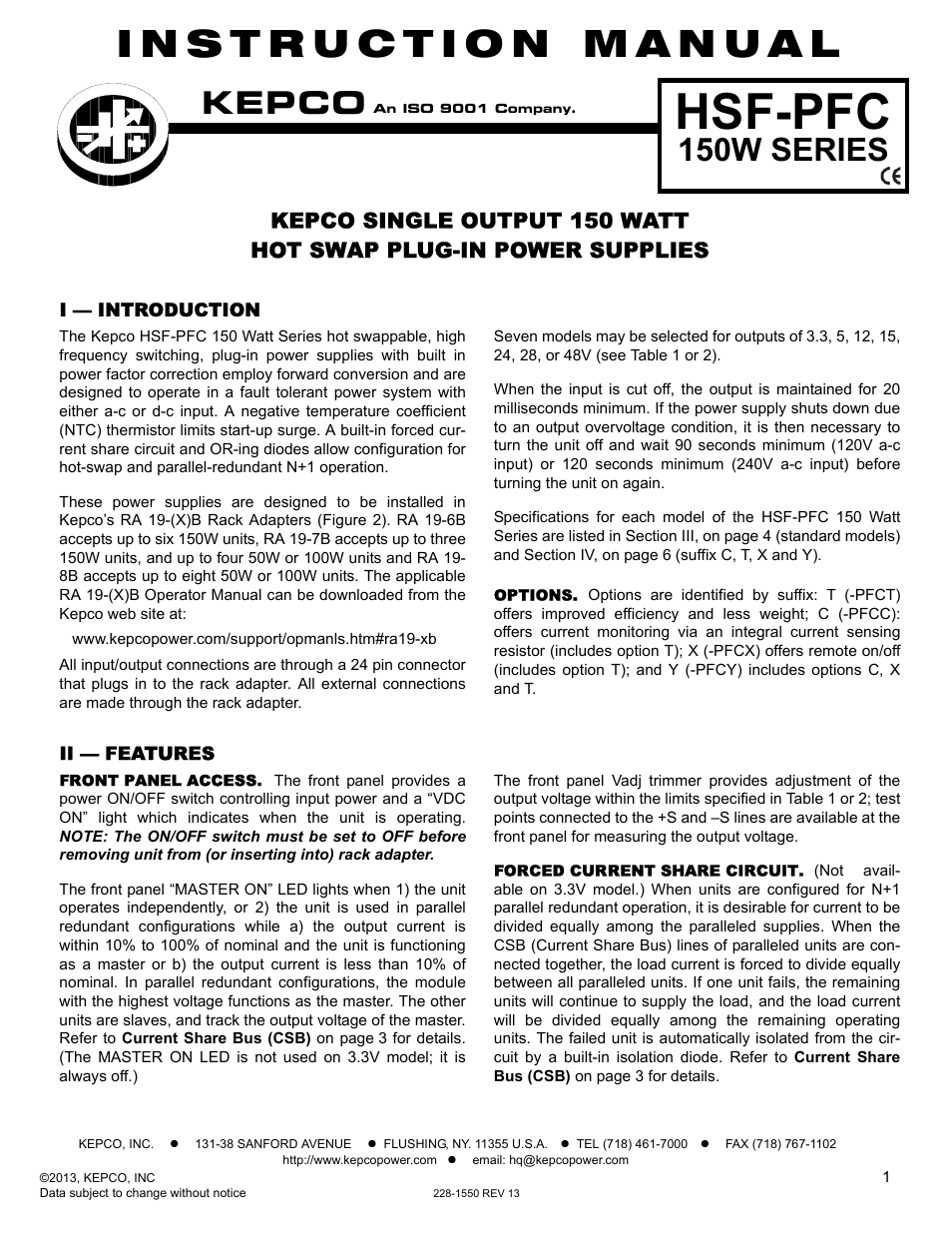 KEPCO HSF-PFC 150W Series Operator Manual User Manual | 9 pages