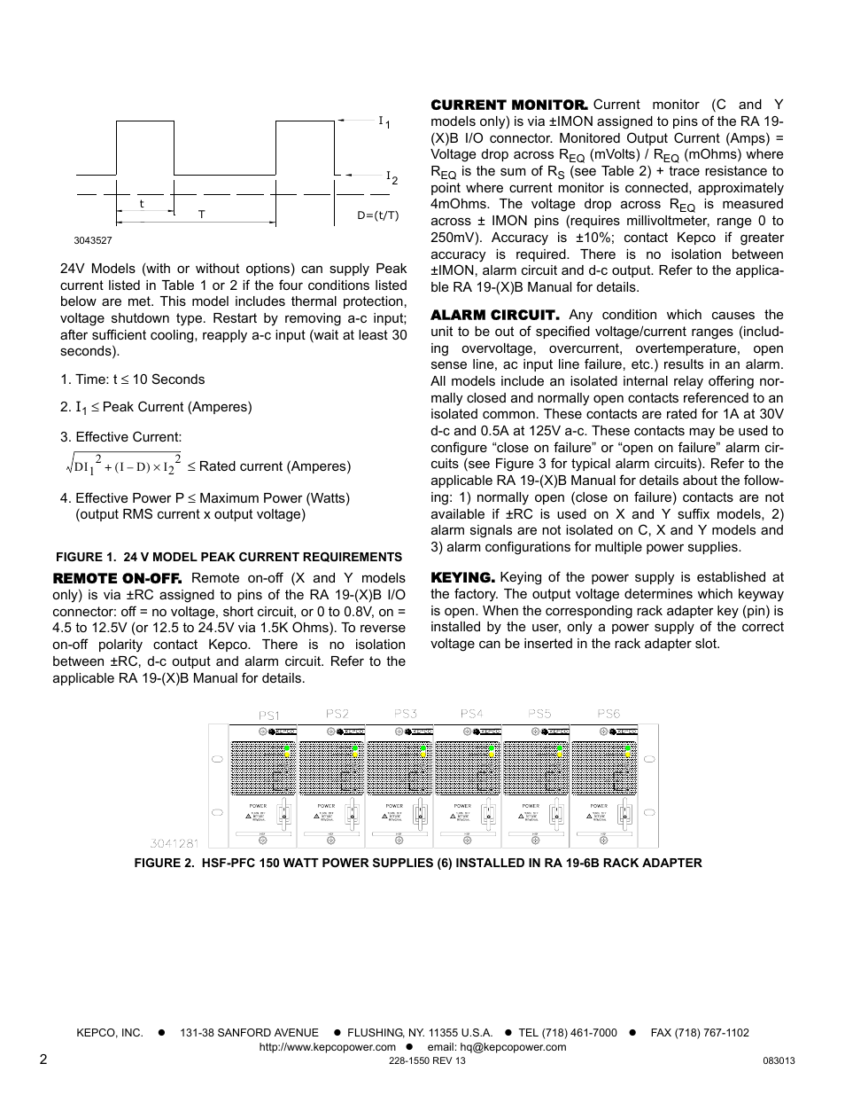 Figure 1. 24 v model peak current requirements, Remote on-off, Current monitor | Alarm circuit, Keying | KEPCO HSF-PFC 150W Series Operator Manual User Manual | Page 2 / 9
