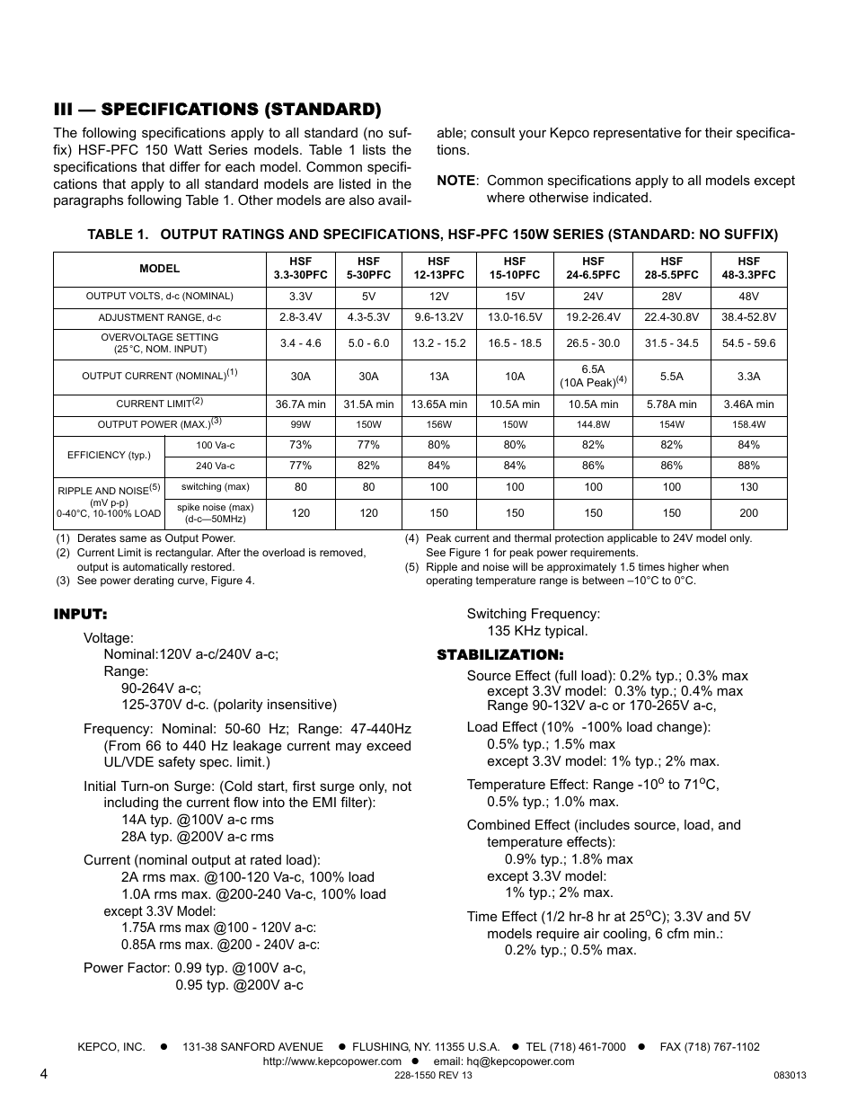 Iii — specifications (standard), Input, Stabilization | 1 or | KEPCO HSF-PFC 150W Series Operator Manual User Manual | Page 4 / 9