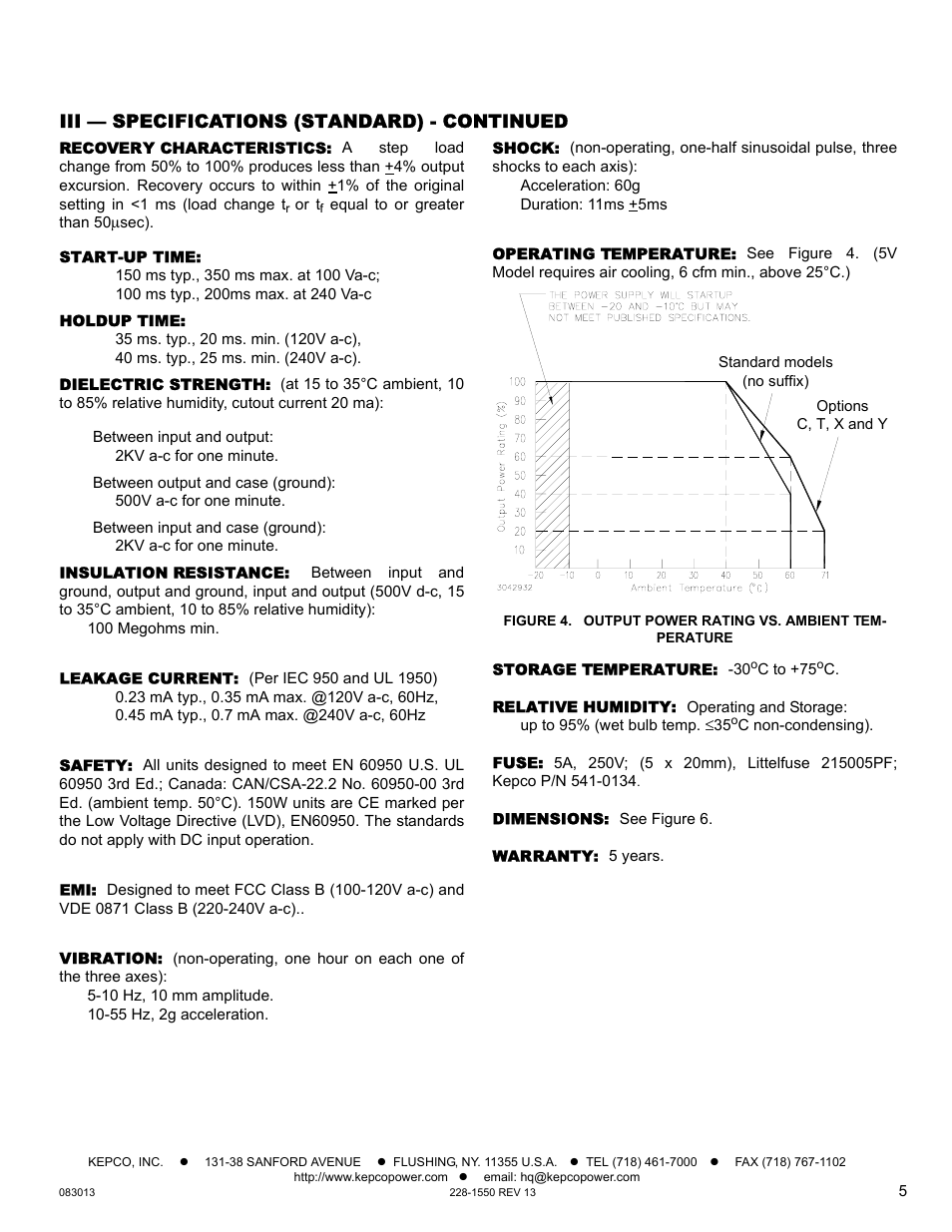 Recovery characteristics, Start-up time, Holdup time | Dielectric strength, Insulation resistance, Leakage current, Safety, Vibration, Shock, Operating temperature | KEPCO HSF-PFC 150W Series Operator Manual User Manual | Page 5 / 9