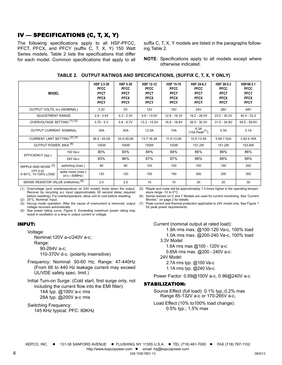 Iv — specifications (c, t, x, y), Input, Stabilization | E 2) | KEPCO HSF-PFC 150W Series Operator Manual User Manual | Page 6 / 9