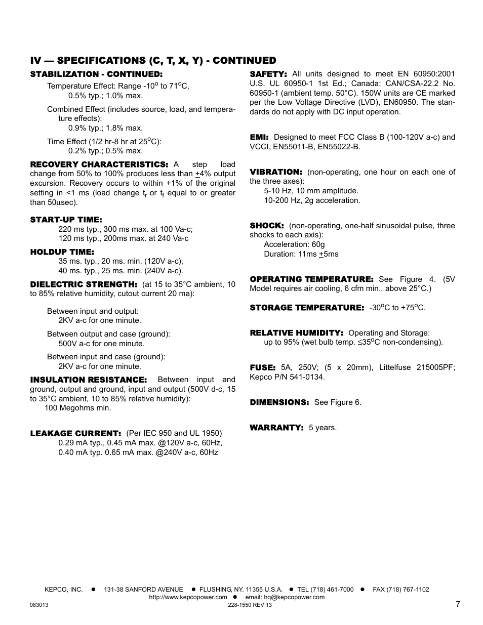 Stabilization - continued, Recovery characteristics, Start-up time | Holdup time, Dielectric strength, Insulation resistance, Leakage current, Safety, Vibration, Shock | KEPCO HSF-PFC 150W Series Operator Manual User Manual | Page 7 / 9