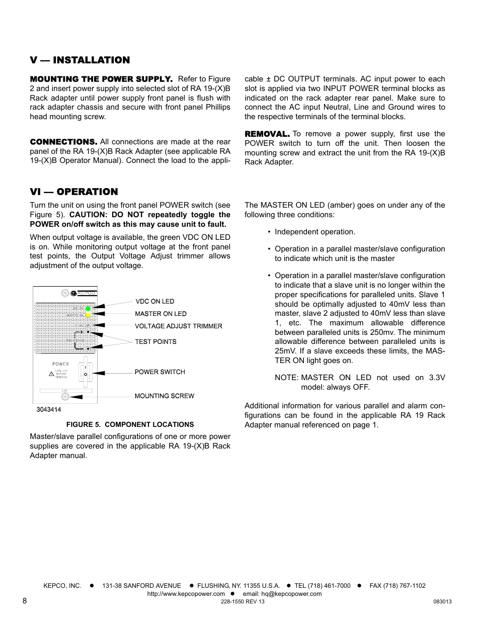 V — installation, Mounting the power supply, Connections | Removal, Vi — operation, Figure 5. component locations | KEPCO HSF-PFC 150W Series Operator Manual User Manual | Page 8 / 9