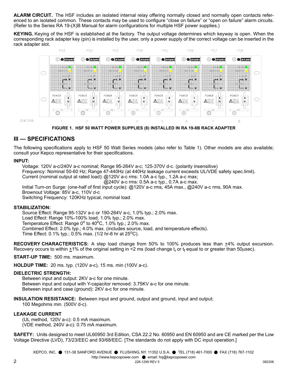 Iii — specifications | KEPCO HSF 50W Series User Manual | Page 2 / 4