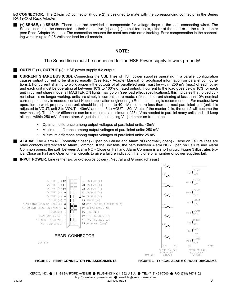 Figure 2. rear connector pin assignments, Figure 3. typical alarm circuit diagrams | KEPCO HSF 50W Series User Manual | Page 3 / 4