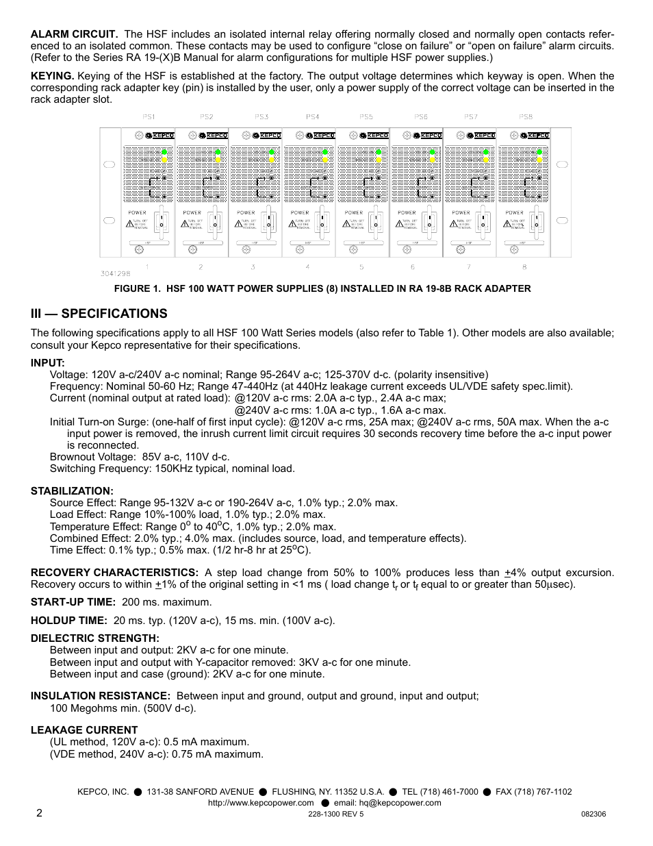 E 1), 1); ra 19, Iii — specifications | KEPCO HSF 100W Series User Manual | Page 2 / 4