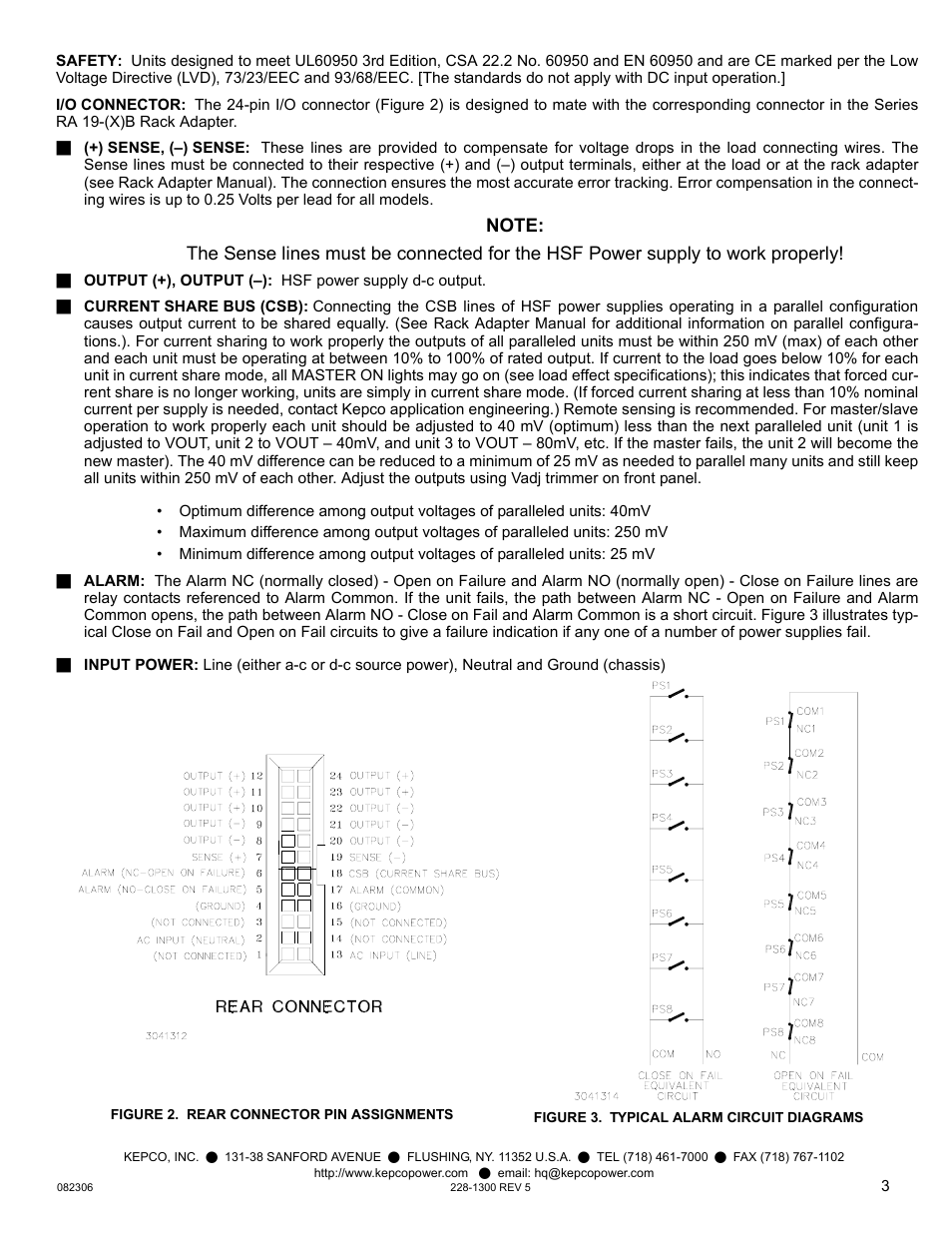Figure 2. rear connector pin assignments, Figure 3. typical alarm circuit diagrams | KEPCO HSF 100W Series User Manual | Page 3 / 4