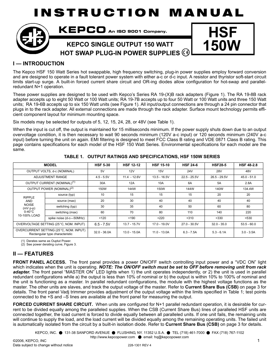 KEPCO HSF 150W Series User Manual | 4 pages