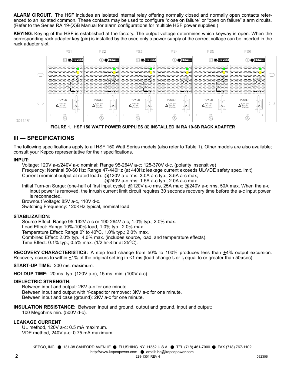 Iii — specifications | KEPCO HSF 150W Series User Manual | Page 2 / 4