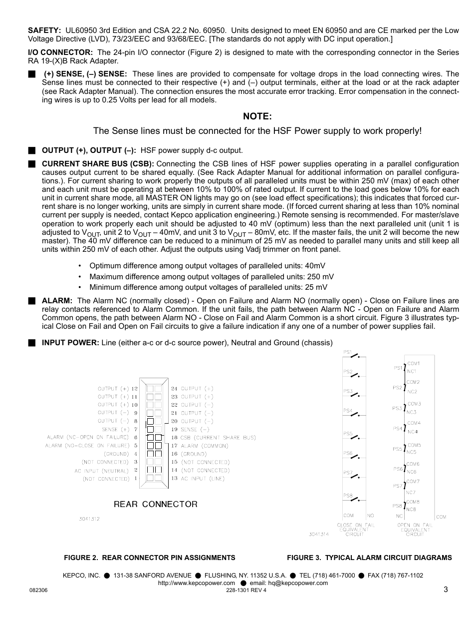 Figure 2. rear connector pin assignments, Figure 3. typical alarm circuit diagrams | KEPCO HSF 150W Series User Manual | Page 3 / 4