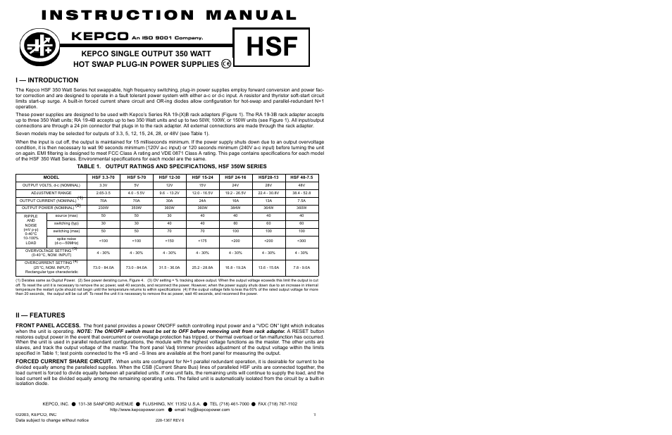 KEPCO HSF 350W Series User Manual | 4 pages
