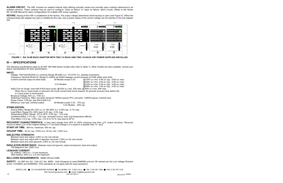 Iii — specifications | KEPCO HSF 350W Series User Manual | Page 2 / 4