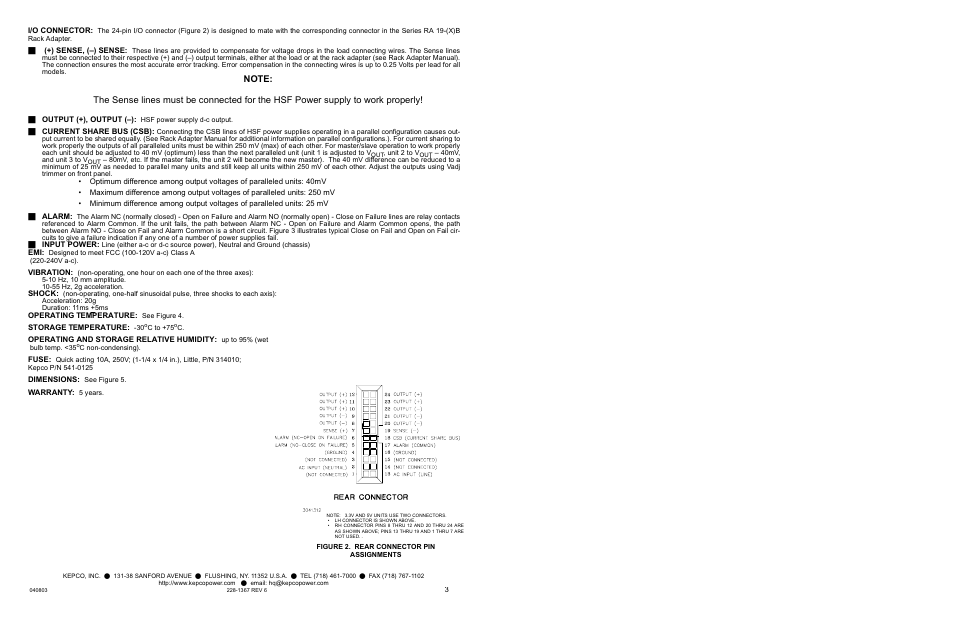 Figure 2. rear connector pin assignments | KEPCO HSF 350W Series User Manual | Page 3 / 4