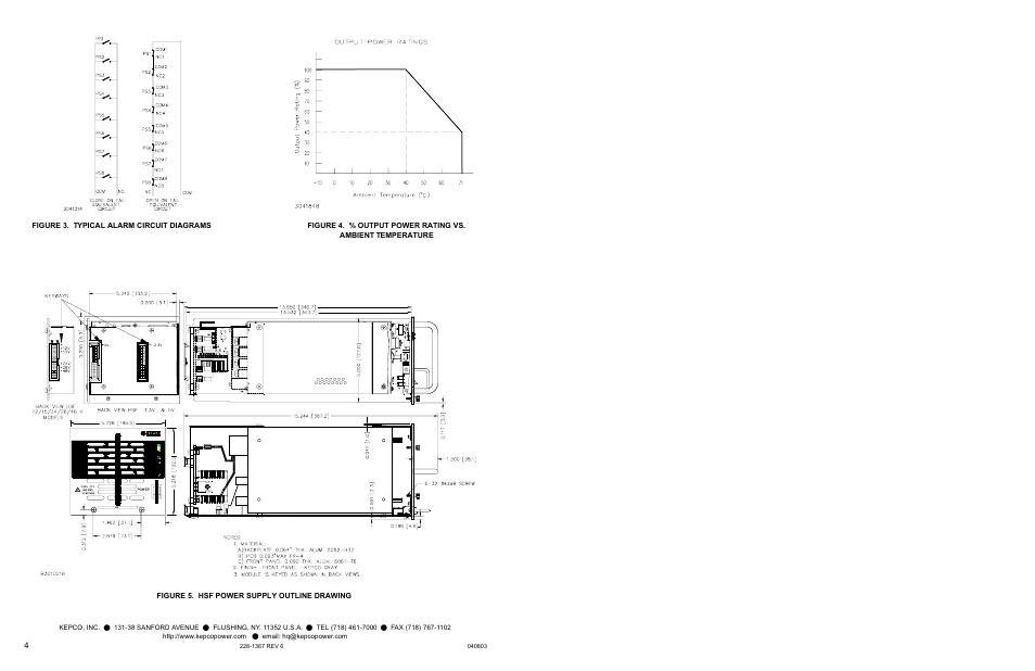 Figure 3. typical alarm circuit diagrams, Figure 5. hsf power supply outline drawing, Re 5 | KEPCO HSF 350W Series User Manual | Page 4 / 4