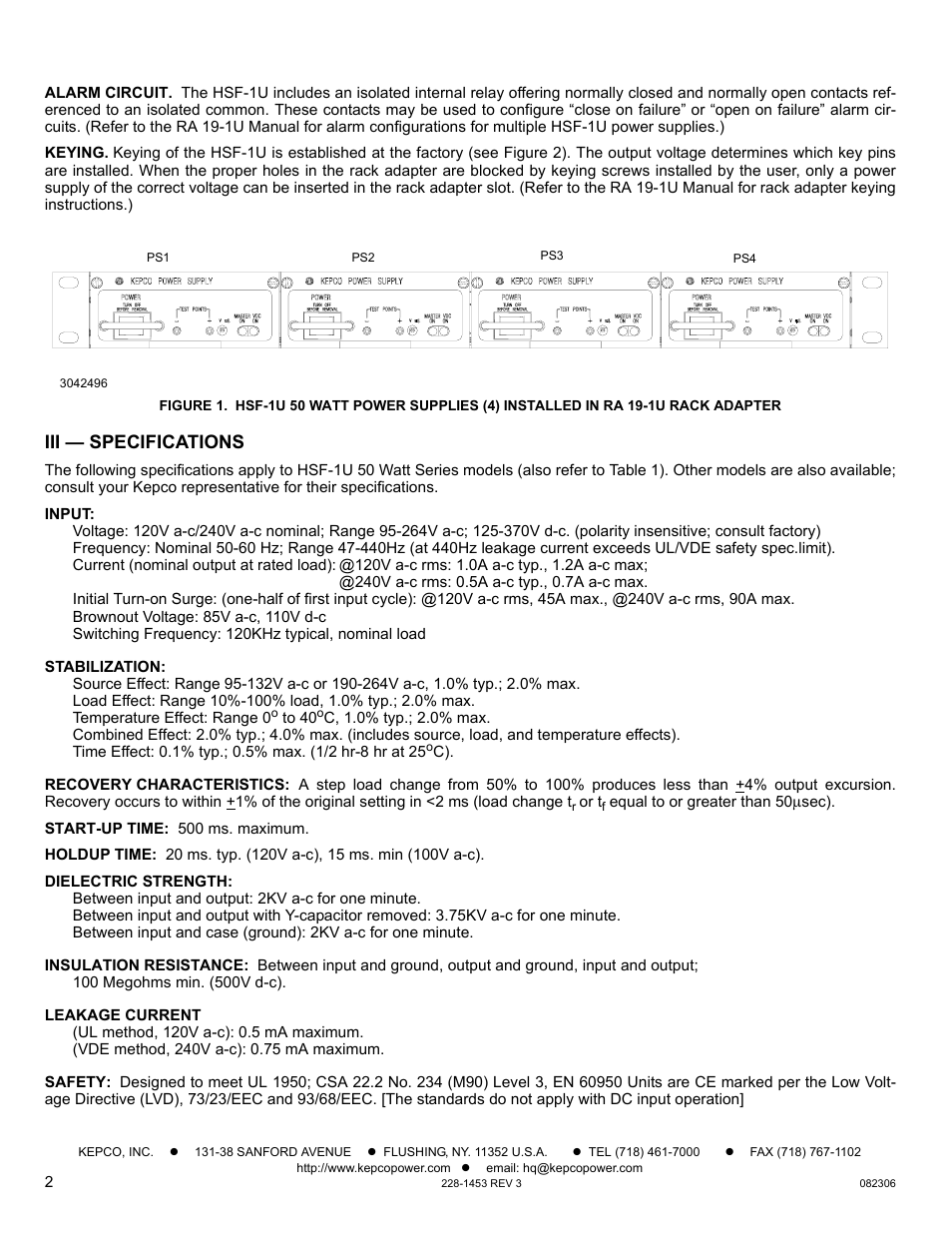 Iii — specifications | KEPCO HSF-1U 50W Series User Manual | Page 2 / 4