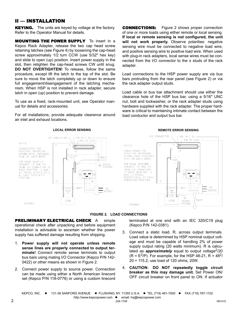Ii — installation, Keying, Mounting the power supply | Connections, Figure 2. load connections, Preliminary electrical check | KEPCO HSP Series Quick Start Guide User Manual | Page 2 / 4