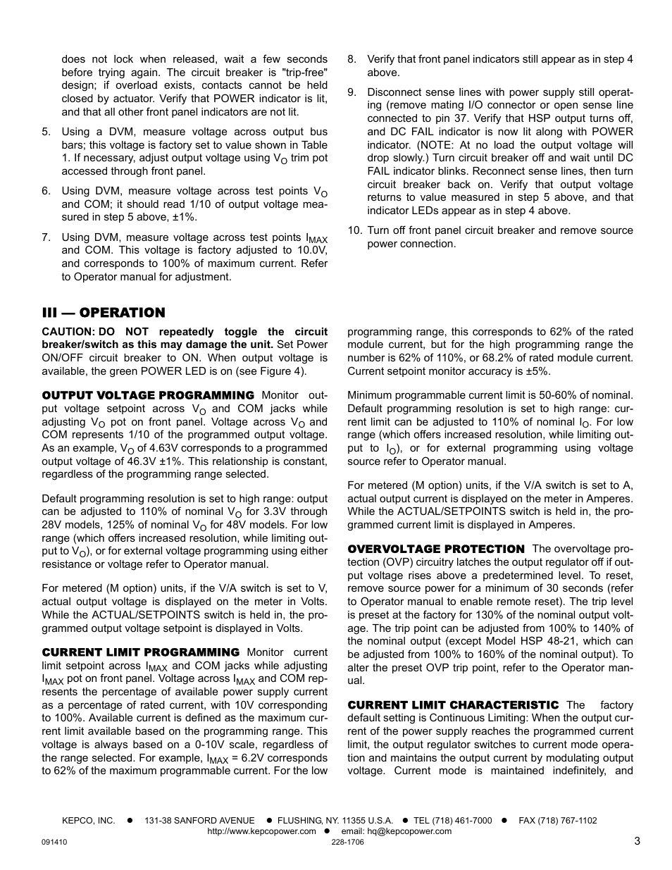 Iii — operation, Output voltage programming, Current limit programming | Overvoltage protection, Current limit characteristic | KEPCO HSP Series Quick Start Guide User Manual | Page 3 / 4