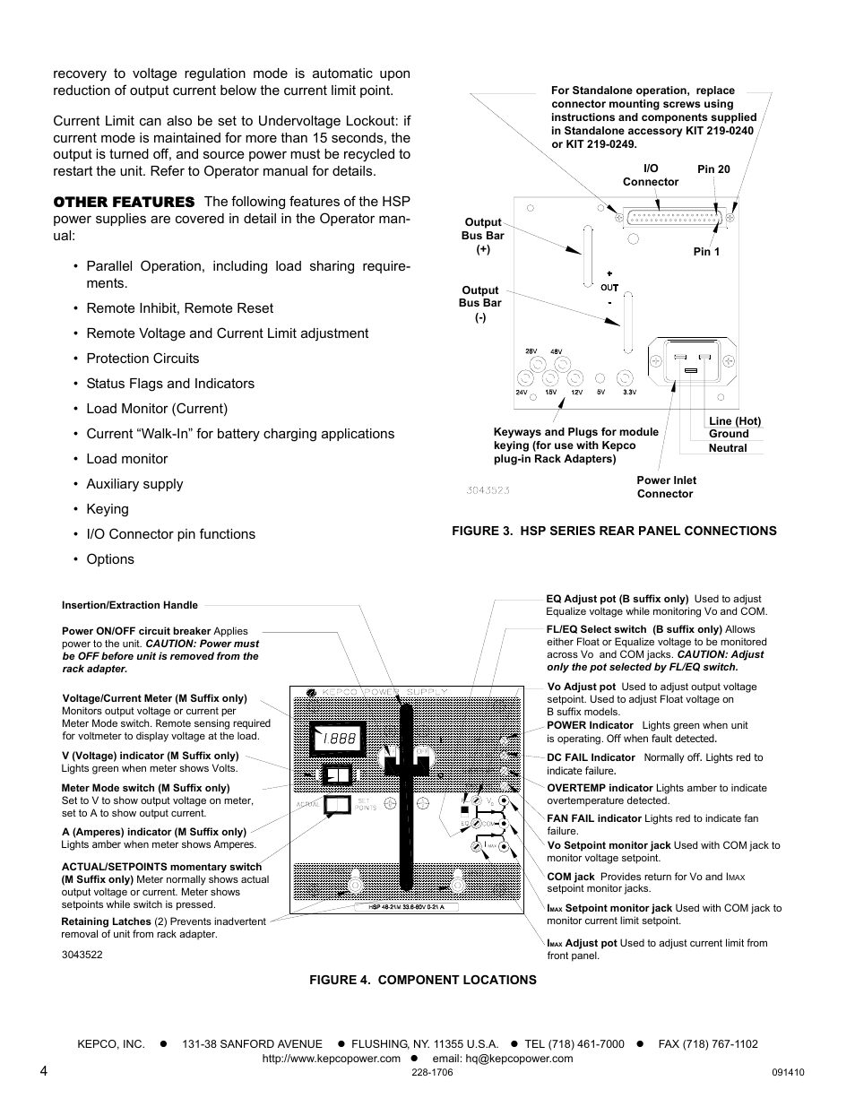 Other features, Figure 3. hsp series rear panel connections, Figure 4. component locations | KEPCO HSP Series Quick Start Guide User Manual | Page 4 / 4