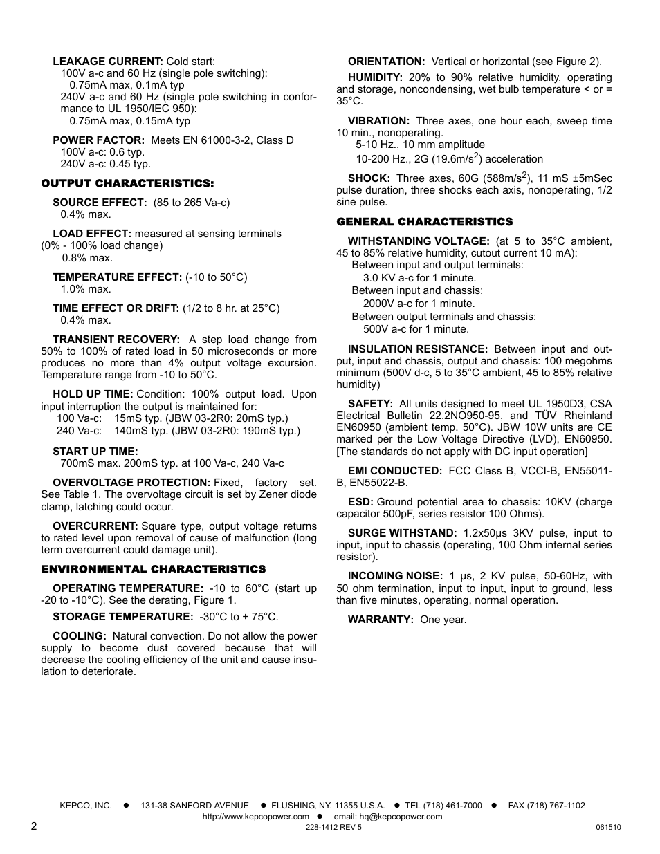 Output characteristics, Environmental characteristics, General characteristics | KEPCO JBW 10W Series User Manual | Page 2 / 4
