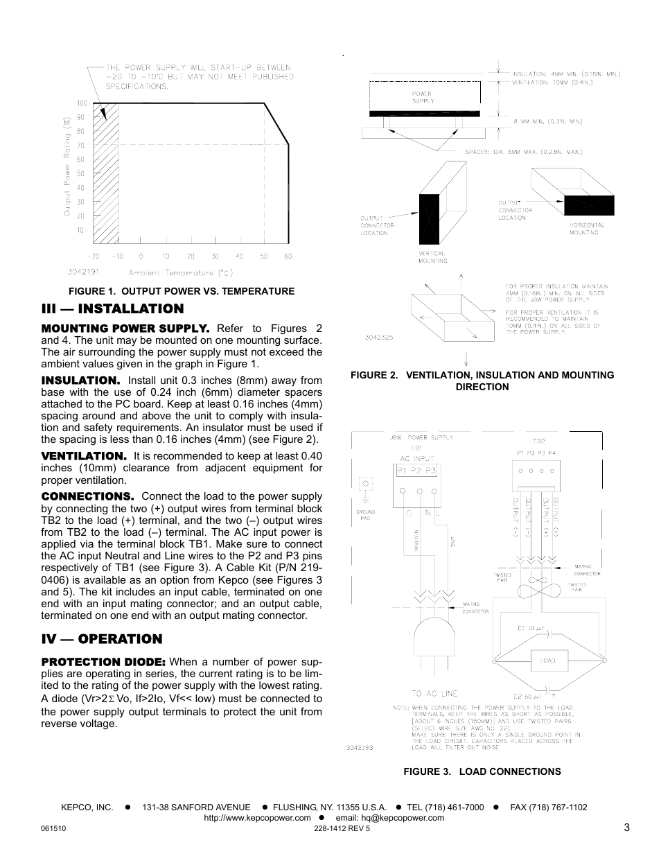 Figure 1. output power vs. temperature, Iii — installation, Mounting power supply | Insulation, Ventilation, Connections, Iv — operation, Protection diode, Figure 3. load connections | KEPCO JBW 10W Series User Manual | Page 3 / 4