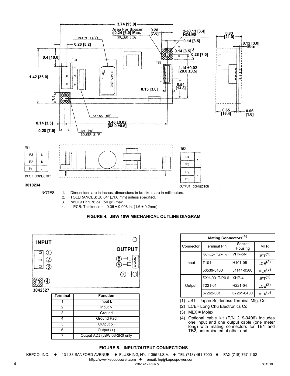Figure 4. jbw 10w mechanical outline diagram, Figure 5. input/output connections | KEPCO JBW 10W Series User Manual | Page 4 / 4
