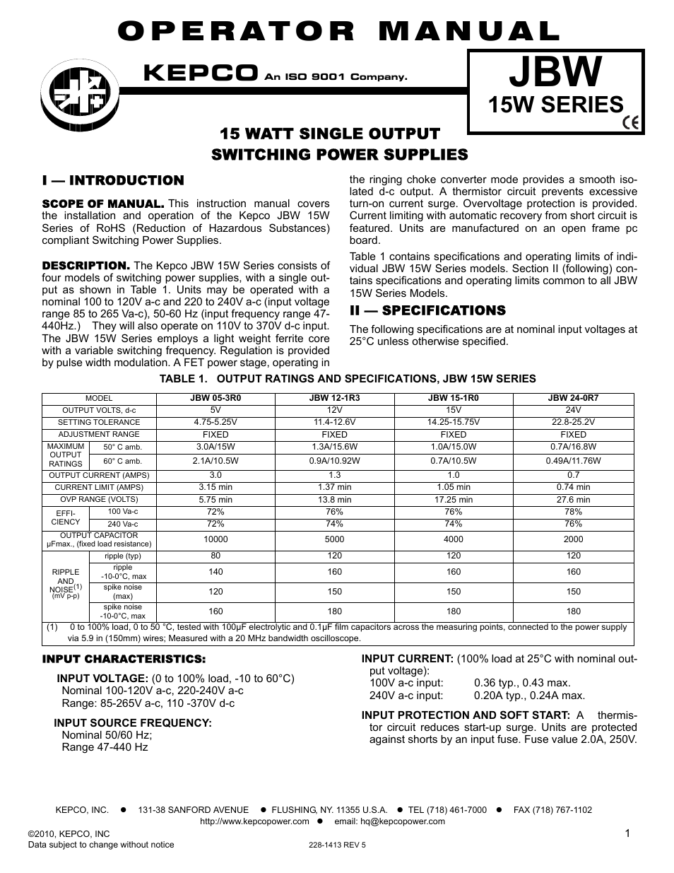 KEPCO JBW 15W Series User Manual | 4 pages