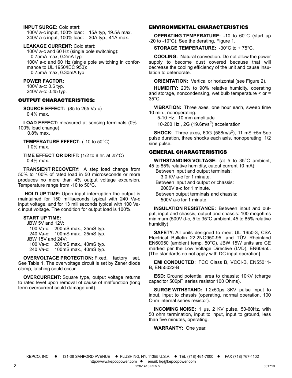 Output characteristics, Environmental characteristics, General characteristics | KEPCO JBW 15W Series User Manual | Page 2 / 4