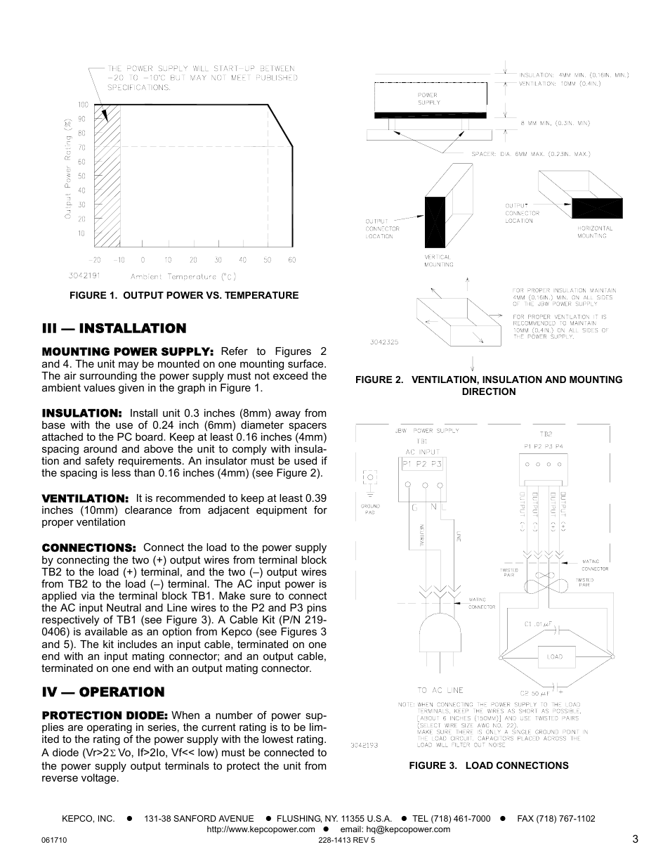 Figure 1. output power vs. temperature, Iii — installation, Mounting power supply | Insulation, Ventilation, Connections, Iv — operation, Protection diode, Figure 3. load connections | KEPCO JBW 15W Series User Manual | Page 3 / 4