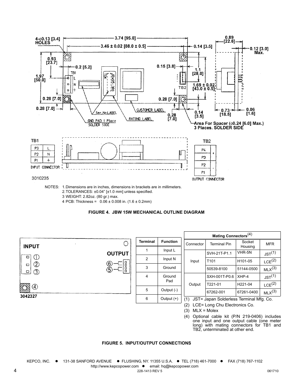 Figure 4. jbw 15w mechanical outline diagram, Figure 5. input/output connections | KEPCO JBW 15W Series User Manual | Page 4 / 4
