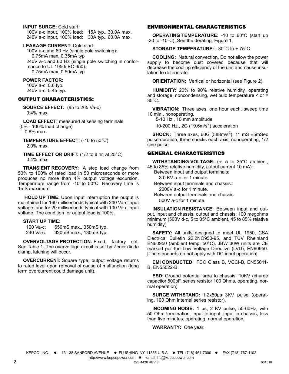 Output characteristics, Environmental characteristics, General characteristics | KEPCO JBW 30W Series User Manual | Page 2 / 4