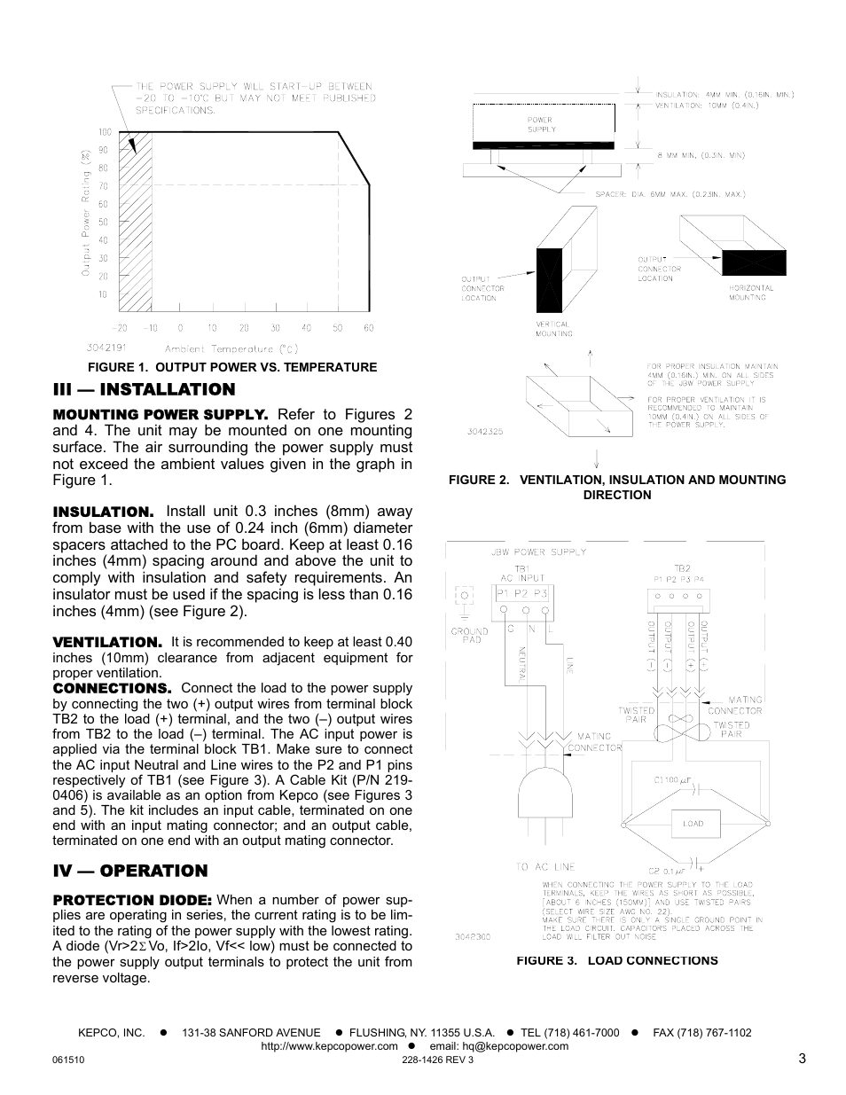 Figure 1. output power vs. temperature, Iii — installation, Mounting power supply | Insulation, Ventilation, Connections, Iv — operation, Protection diode, Figure 3. load connections | KEPCO JBW 30W Series User Manual | Page 3 / 4